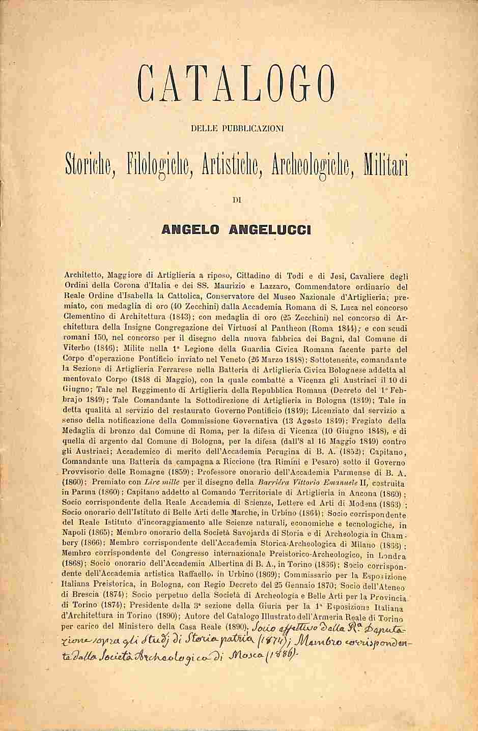 Catalogo delle pubblicazioni storiche, filologiche, artistiche, archeologiche, militari di Angelo Angelucci